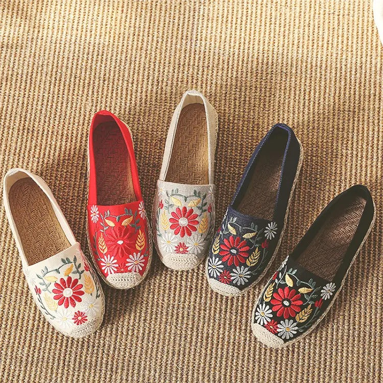 【エスパドリーユ】民族風 美しい花刺繍 通気性抜群 吸汗 快適なフラットシューズ