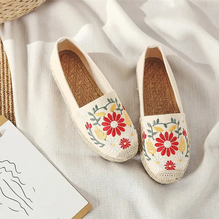 【エスパドリーユ】民族風 美しい花刺繍 通気性抜群 吸汗 快適なフラットシューズ
