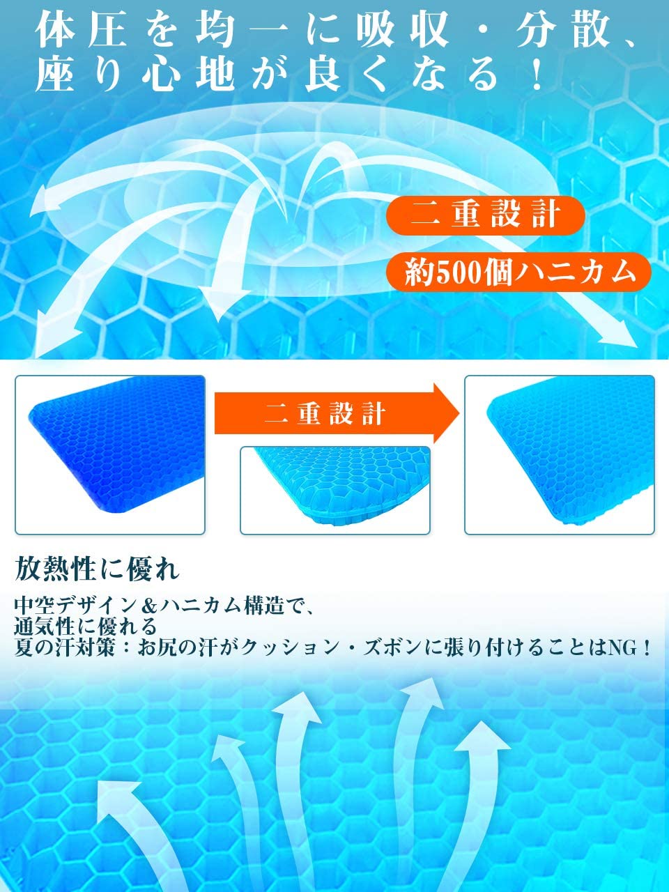 ゲルクッション 二重 無重力 クッション 座布団 通気性 ハニカム構造 蒸れない 座り心地 両面使用可能 在宅勤務 テレワーク オフィス 車 椅子 自宅用 夏用 洗える カバー ZD-03