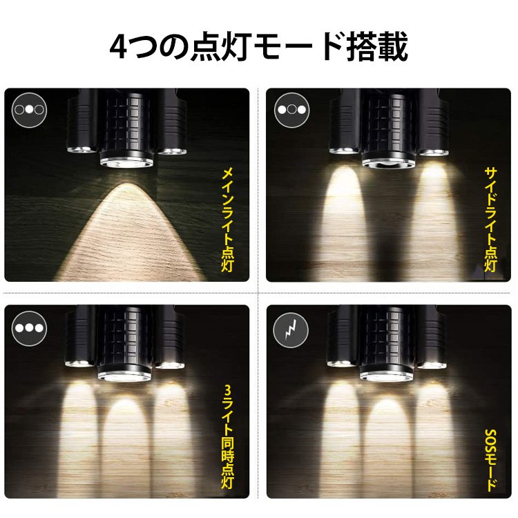 【3ヘッド多機能高輝度懐中電灯】更なる進化を遂げた一品!高輝度LED 3ライト 角度調節可能 遠距離照射 稼働時間が長い