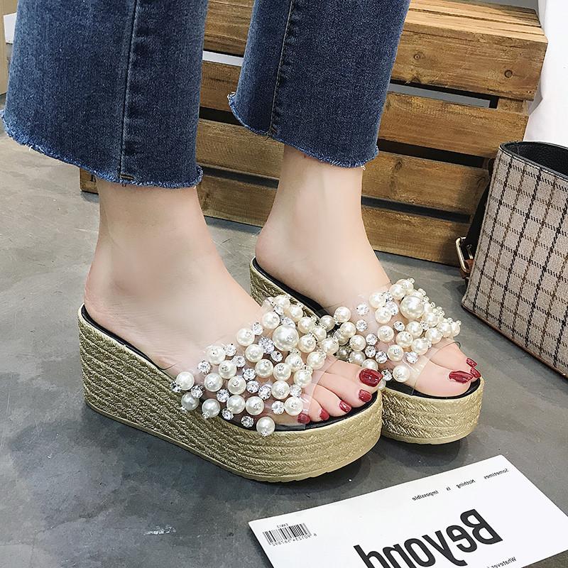 ファッションパール付き厚底サンダル