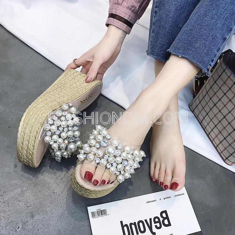 ファッションパール付き厚底サンダル