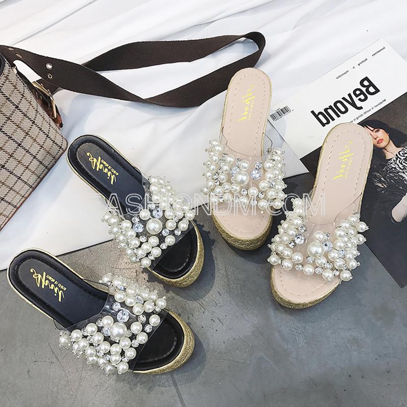 ファッションパール付き厚底サンダル