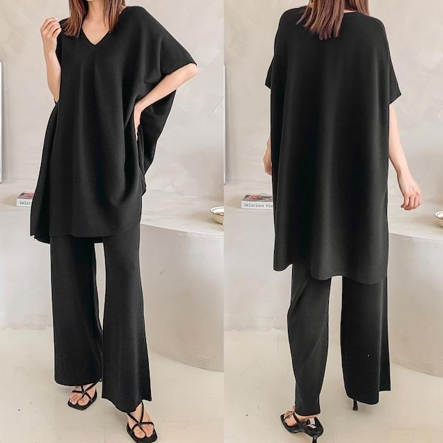 女性に大人気【2点SET】リラックス感漂う ドルマンスリーブVネックユル感Ｔシャツ+無地ハイウエストカジュアルパンツセット